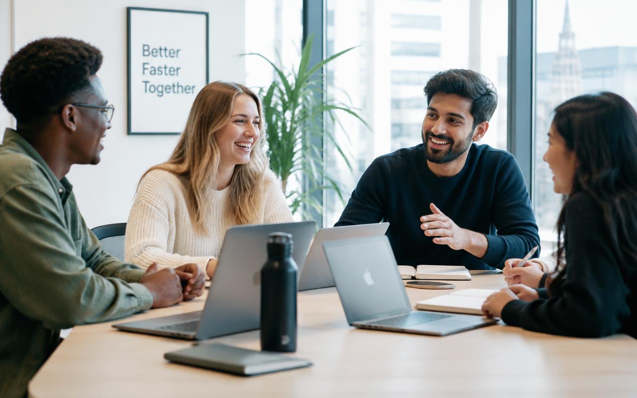 A team collaborating in a bright modern office